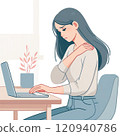 A woman in her 20s suffering from stiff shoulders while working at a desk 120940786