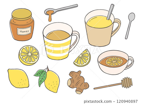 Honey lemon and lemon tea hand-drawn illustration set (color) 120940897
