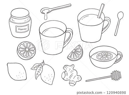 Hand-drawn illustration set of honey lemon and lemon tea (monochrome) Hand-drawn illustration set of honey lemon and lemon tea (monochrome) 120940898