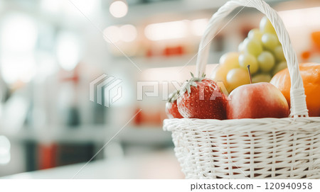 A rustic fruit basket in a grocery store where natural light highlights the fresh fruit 120940958