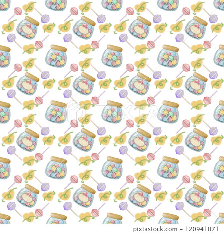 Seamless Pattern Assorted lollipop candies in a Glass jar. hand drawn cartoon style.  120941071