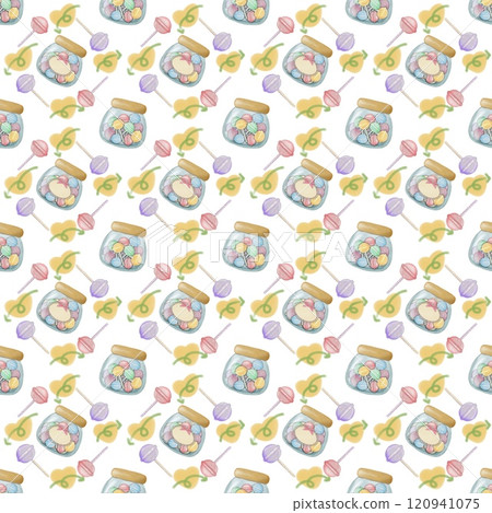 Seamless Pattern Assorted lollipop candies in a Glass jar. hand drawn cartoon style. Seamless Pattern Assorted lollipop candies in a Glass jar. hand drawn cartoon style. 120941075