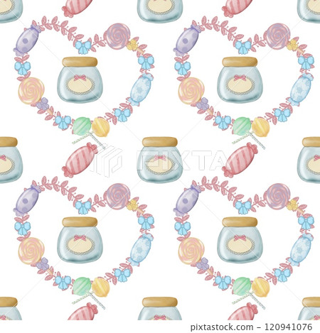 Seamless Pattern Assorted lollipop candies in a Glass jar. hand drawn cartoon style.  120941076