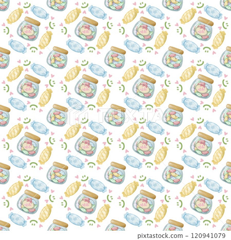 Seamless Pattern Assorted lollipop candies in a Glass jar. hand drawn cartoon style. Seamless Pattern Assorted lollipop candies in a Glass jar. hand drawn cartoon style. 120941079