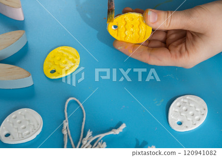Children air dry clay activity handicraft idea. DIY process step by step instruction. Preparing for Easter holiday decorating. Modern organic design minimalistic plastic free sustainable 120941082