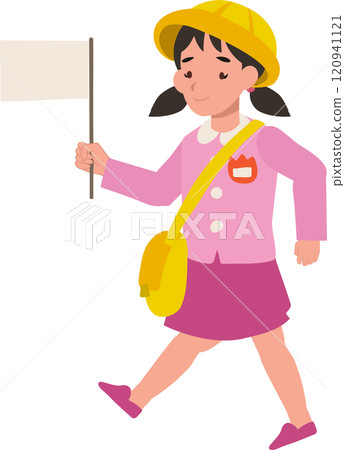 kindergarten girl in uniform waving flag outdoors with big smile 120941121