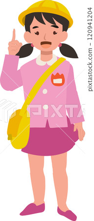 smiling preschool in kindergarten uniform giving helpful advice 120941204