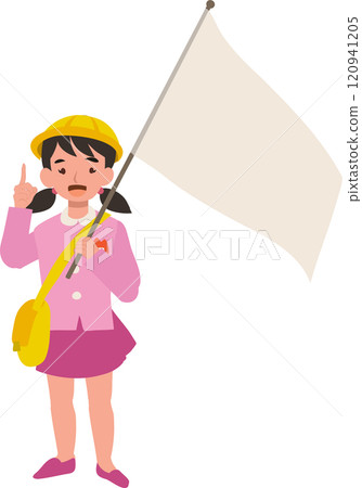 A young kindergarten girl in uniform is teaching her peers while holding a flag. 120941205