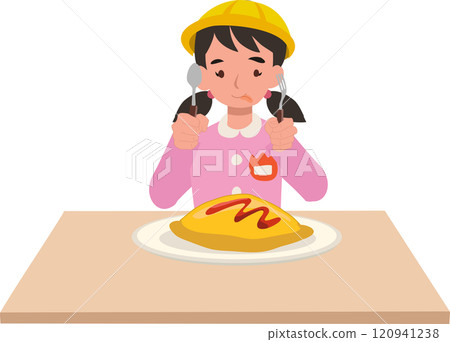 Japanese kindergarten girl eating rice with egg . Japanese kindergarten girl eating rice with egg . 120941238