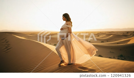 Tranquil maternity journey in the desert at sunset 120941326
