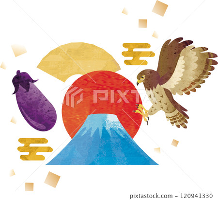 New Year's first dream, Fuji, hawk, eggplant, watercolor, hand-drawn, illustration, material 120941330