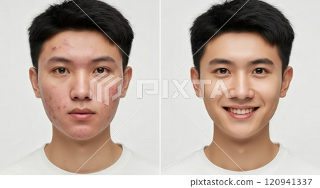 Asian young adult male acne treatment transformation for skincare awareness and dermatological health 120941337