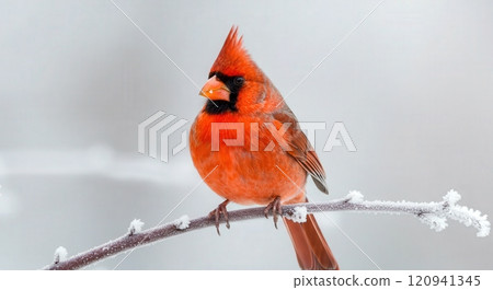 Vibrant red cardinal perched on frosted branch in winter landscape 120941345