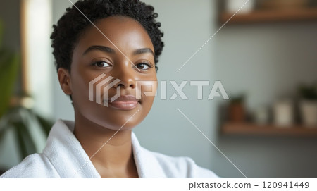 Confident Plus Size Woman with Medium Brown Skin and Short Hair in Casual Home Setting 120941449