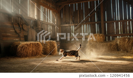 Playful cat in sunlit barn chasing toy mouse, rustic farm scene 120941456