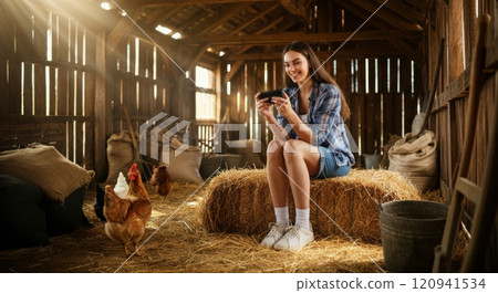 Rural technology interaction, young woman engaging with smartphone in barn setting 120941534
