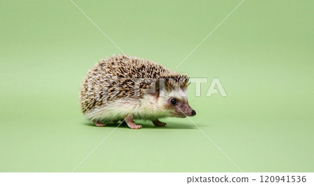 Adorable hedgehog on light green background for nature and wildlife design 120941536