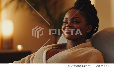 Pregnant Woman with Braided Hair Relaxing in Cozy, Serene Home Environment 120941540