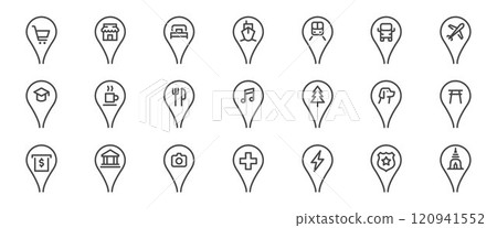 Map pin icon set. It included contexts such as location, place, destination, marker, point, and more. Editable Vector Stroke. 120941552
