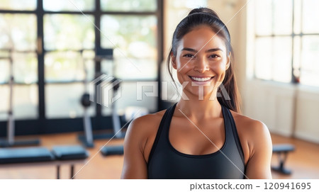 Fit latina woman in fitness studio, healthy lifestyle, sport concept, poster design 120941695