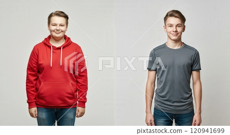 Portraits of two teenagers in casual attire highlighting diversity in fashion and style for youth apparel campaigns Portraits of two teenagers in casual attire highlighting diversity in fashion and style for youth apparel campaigns 120941699