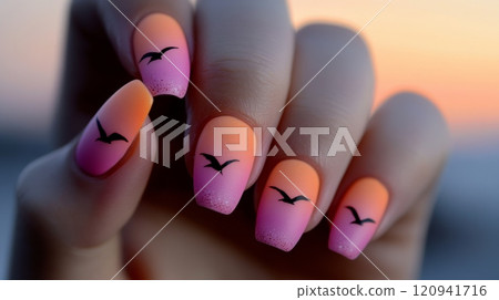 Serene hand aesthetic with ombre sunset nails featuring bird design for manicure inspiration 120941716