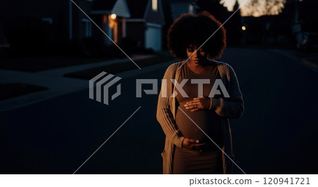 Evening serenity: pregnant african adult female embracing motherhood in quiet neighborhood 120941721