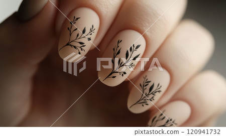 Elegant matte beige nail art with botanical designs for chic and modern style 120941732