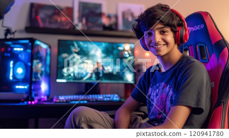 Teenage middle eastern gamer enthusiast in high-tech gaming setup with vibrant rgb lighting 120941780