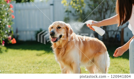 Summer pet care concept with golden retriever in sunny garden Summer pet care concept with golden retriever in sunny garden 120941804