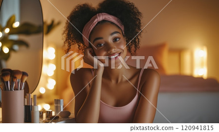 Radiant young black woman with natural curls in cozy bedroom setting for beauty and lifestyle inspiration Radiant young black woman with natural curls in cozy bedroom setting for beauty and lifestyle inspiration 120941815