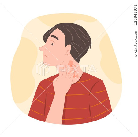 Worried Man with Atopic Dermatitis or Eczema on His Neck for Dermatology Concept Illustration 120941971