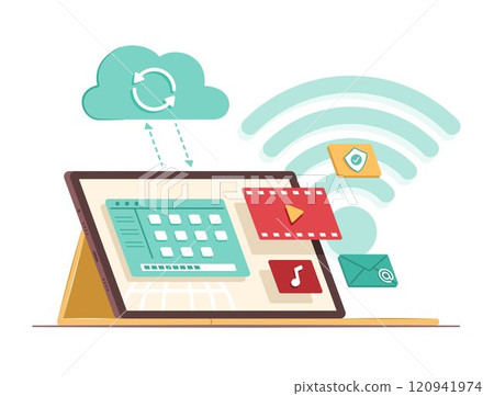 Laptop Computer Syncing Data Files with Cloud Computing Server for Wireless Connection Technology Concept Illustration 120941974