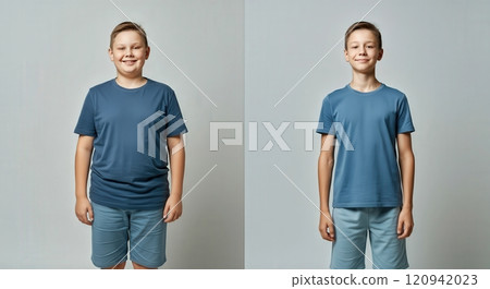Casual sportswear fashion for kids featuring two boys in blue outfits, embracing diversity and style 120942023