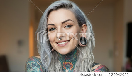Portrait of a smiling woman with tattoos and piercings in a contemporary style 120942033