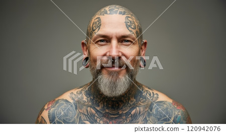 Portrait of a tattooed bearded man with tattoos displaying alternative style 120942076