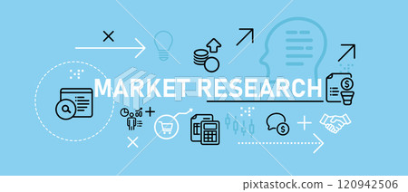 Market research consumer survey marketing plan data product and consumer fit service web header illustration concept with icon flat bright blue color Market research consumer survey marketing plan data product and consumer fit service web header illustration concept with icon flat bright blue color 120942506