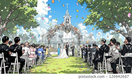 A wedding on a sunny day with wedding bells ringing 120942687