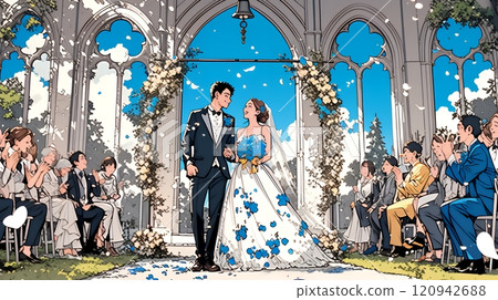 A wedding on a sunny day with wedding bells ringing 120942688