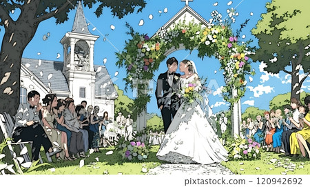 A wedding on a sunny day with wedding bells ringing 120942692