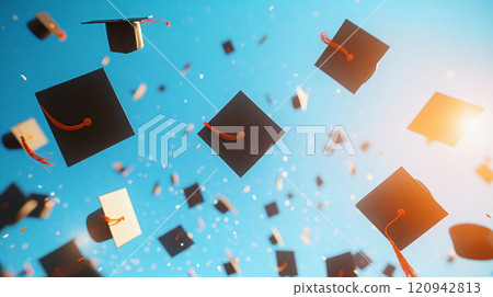 Graduation hats soaring into a clear blue sky. graduation caps in the air. AI Generated. Graduation hats soaring into a clear blue sky. graduation caps in the air. AI Generated. 120942813