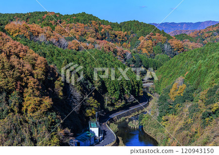 2024 Nara Nunome Dam in early winter: Clear skies and autumn foliage on the lakeside, the flowing Nunome River and autumn foliage on the mountainside 120943150