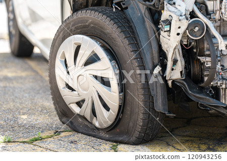 Flat tire of a car involved in a traffic accident 120943256