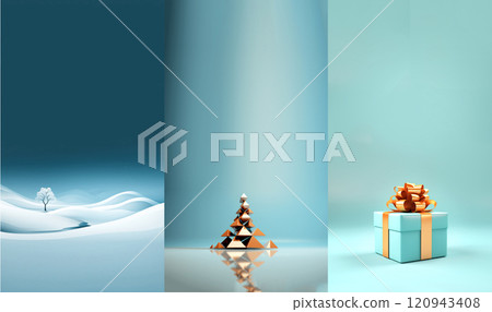 A festive winter scene with a blue background, featuring a Christmas tree decorated with ornaments and a gift box nearby. The design is ideal for a Christmas banner 120943408