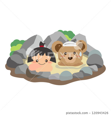 金太郎和毛絨熊在露天浴池的插圖 120943426