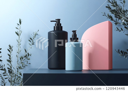 A cosmetic bottle with a sleek, modern design, featuring branding focused on skincare and liquid formulas. The bottle is placed on a blue background, with soft, natural lighting A cosmetic bottle with a sleek, modern design, featuring branding focused on skincare and liquid formulas. The bottle is placed on a blue background, with soft, natural lighting 120943446