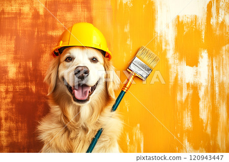 Playful scene of a dog wearing a yellow construction hat, holding a paintbrush in its mouth, and standing in front of a yellow-painted wall. The dog is positioned as if it participating in a DIY Playful scene of a dog wearing a yellow construction hat, holding a paintbrush in its mouth, and standing in front of a yellow-painted wall. The dog is positioned as if it participating in a DIY 120943447