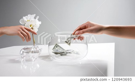 在玻璃容器裡存錢的手的特寫 120943693