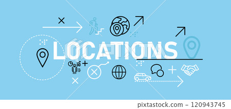 Locations business store location map pointer marker pin symbol web header illustration concept with icon flat bright blue color Locations business store location map pointer marker pin symbol web header illustration concept with icon flat bright blue color 120943745