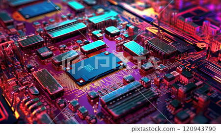 Motherboard with chips and connections in purple and blue neon lights. Technology background with microchips on hardware circuitboard. Generated AI. 120943790